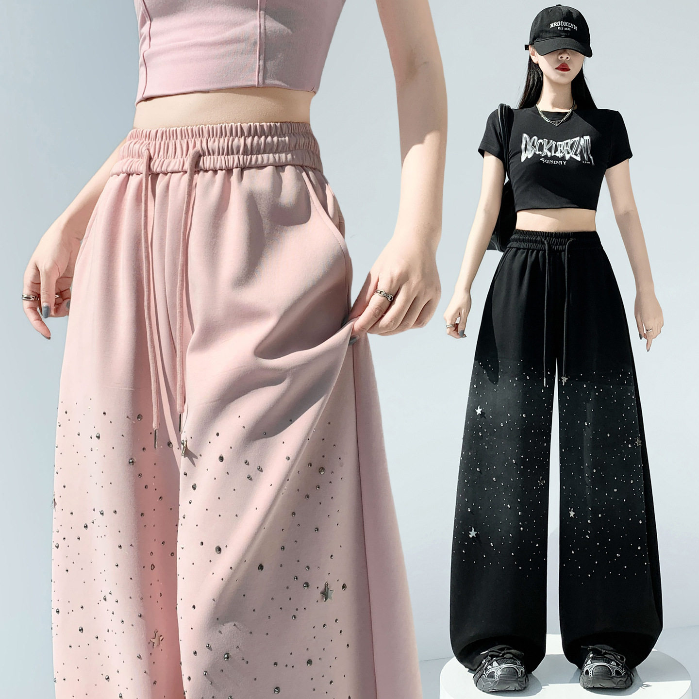 星星烫钻渐变色两穿休闲裤女装春季松紧腰弯刀卫裤街头潮酷阔腿裤