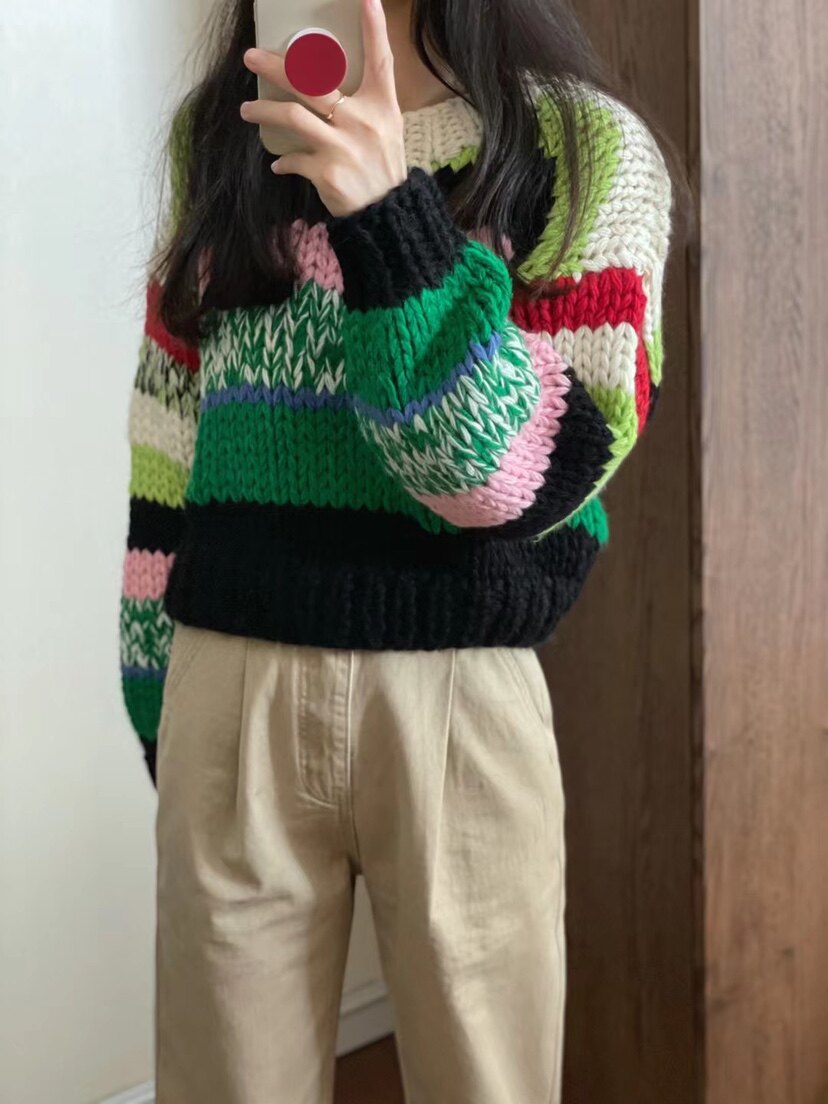 armoirelin大林/彩虹撞色毛衣套头短款长袖粗棒针织宽松圆领上衣
