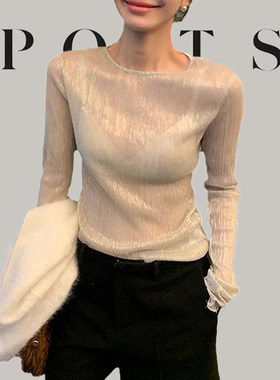 大牌2026春秋季高级感银丝质感圆领长袖修身T恤气质丝光时尚上衣