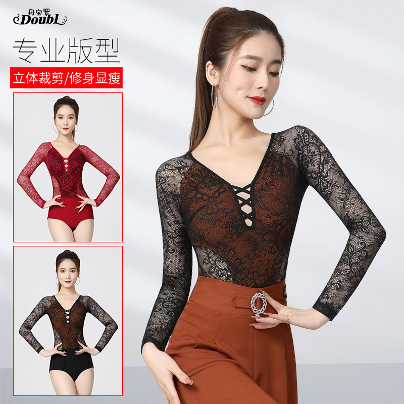 丹宝罗拉丁舞服女蕾丝透视连体衣长袖上衣舞蹈练功服性感交谊舞衣