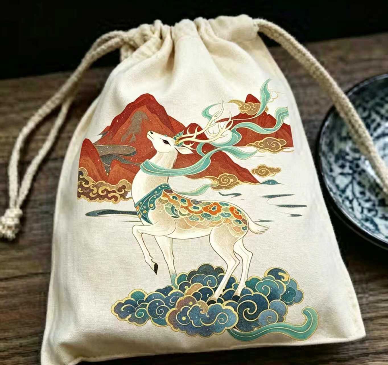和芮新品敦煌九色鹿国潮风主题帆布束口袋收纳袋抽绳袋文创礼品袋