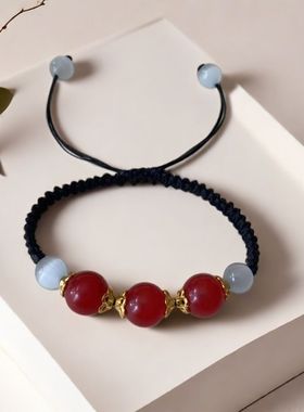 定制刻字名字红玛瑙猫眼石编织手链情侣黑红绳景区手工手绳学生