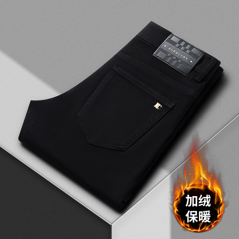 2025新款秋冬厚款轻奢高级感薄绒黑色牛仔裤男修身直筒弹力长裤