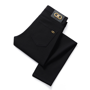 商务高腰休闲长裤 高端弹力秋冬新款 小脚裤 男修身 子潮流 黑金牛仔裤