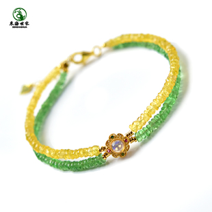 黄蓝宝石手串女男东海水晶玛瑙玉髓翡翠玉石散珠子双圈沙弗莱手链