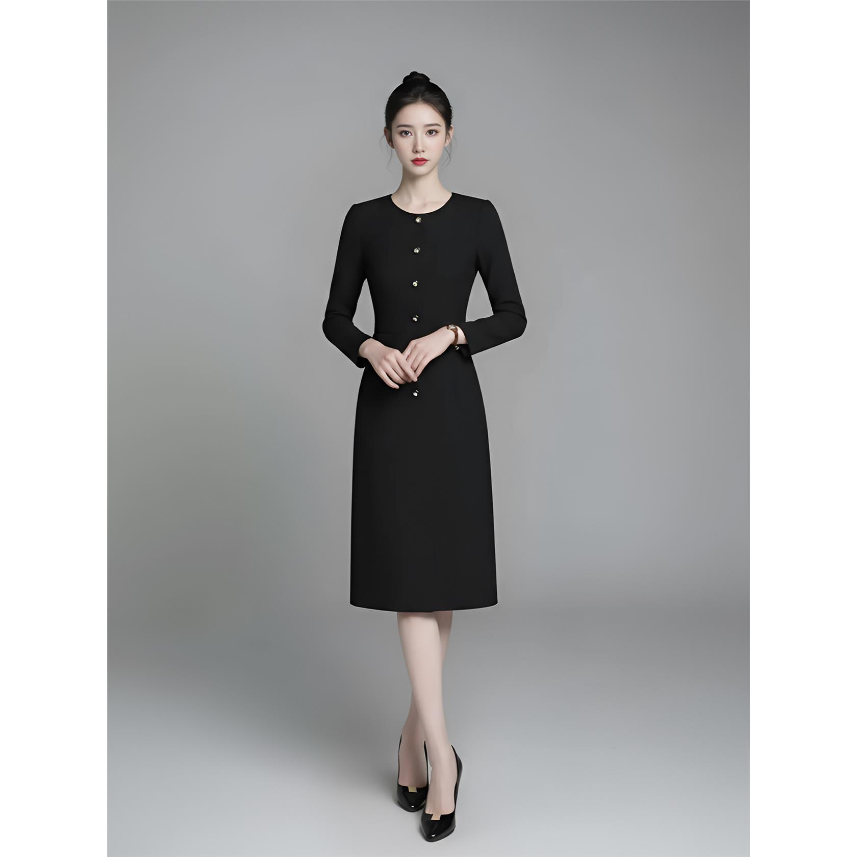 秋季优雅黑色连衣裙女长袖修身职业装气质女神范商务西装裙中国风
