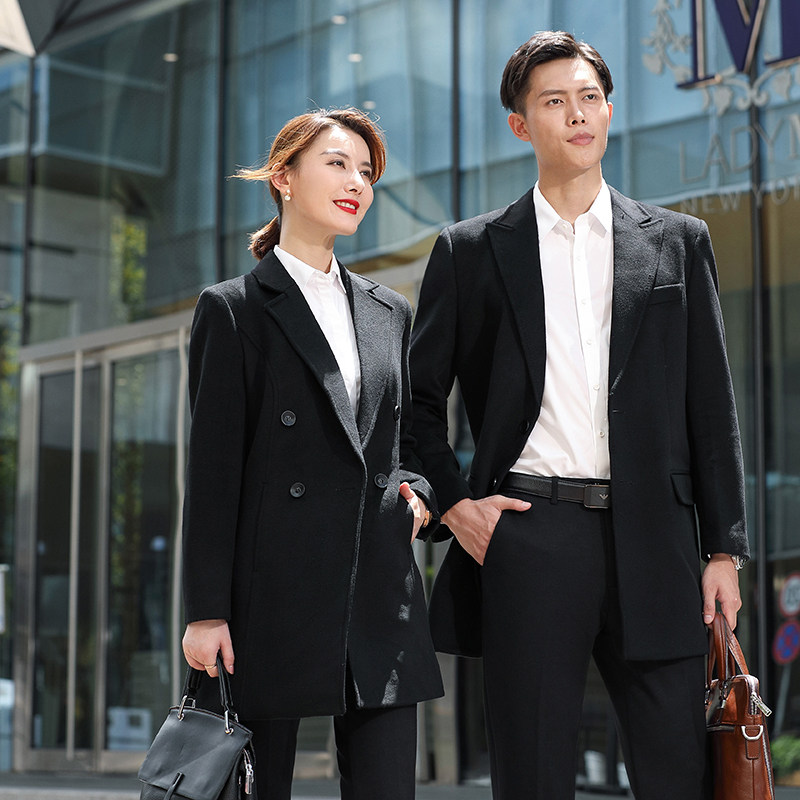 男女同款黑色西装领毛呢男大衣冬售楼部物业冬季工作服酒店经理