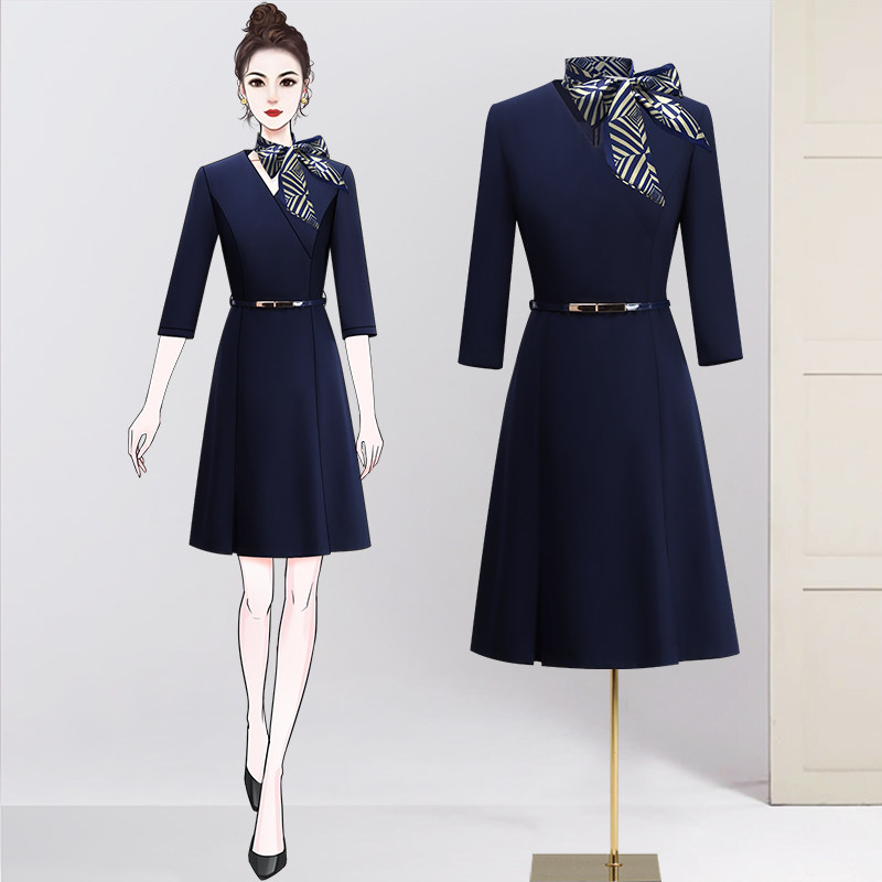 春季通勤职业连衣裙女七分袖白色V领收腰A字裙气质美容院工作服