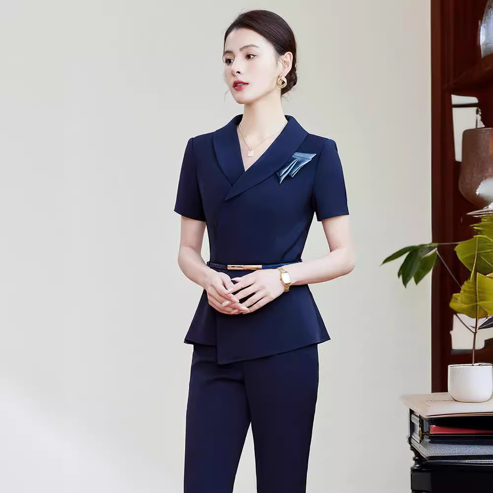 藏青色夏季短袖职业套装女白色酒店前台售楼部美容院物业工作服