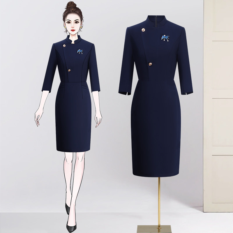 职业连衣裙女春季新款气质修身收腰七分袖通勤优雅风售楼部工作服