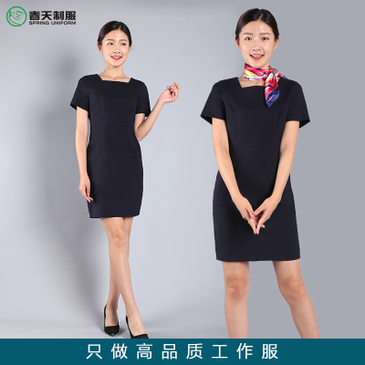 藏蓝色连衣裙职业装短袖夏装