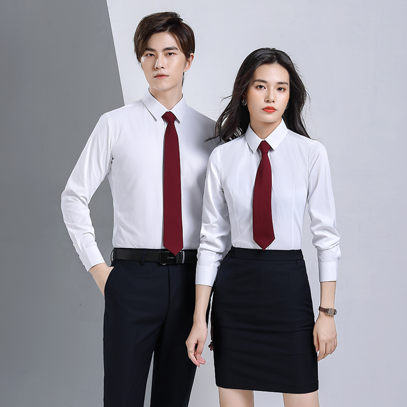 春秋装白色长袖男衬衫前台物业通勤面试上班职业装女衬衣工作服