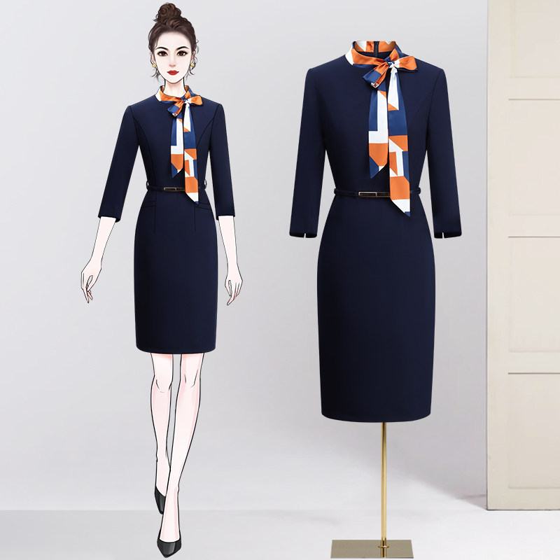 春季职业连衣裙女七分袖通勤气质收腰修身物业客服工作服优雅ol风