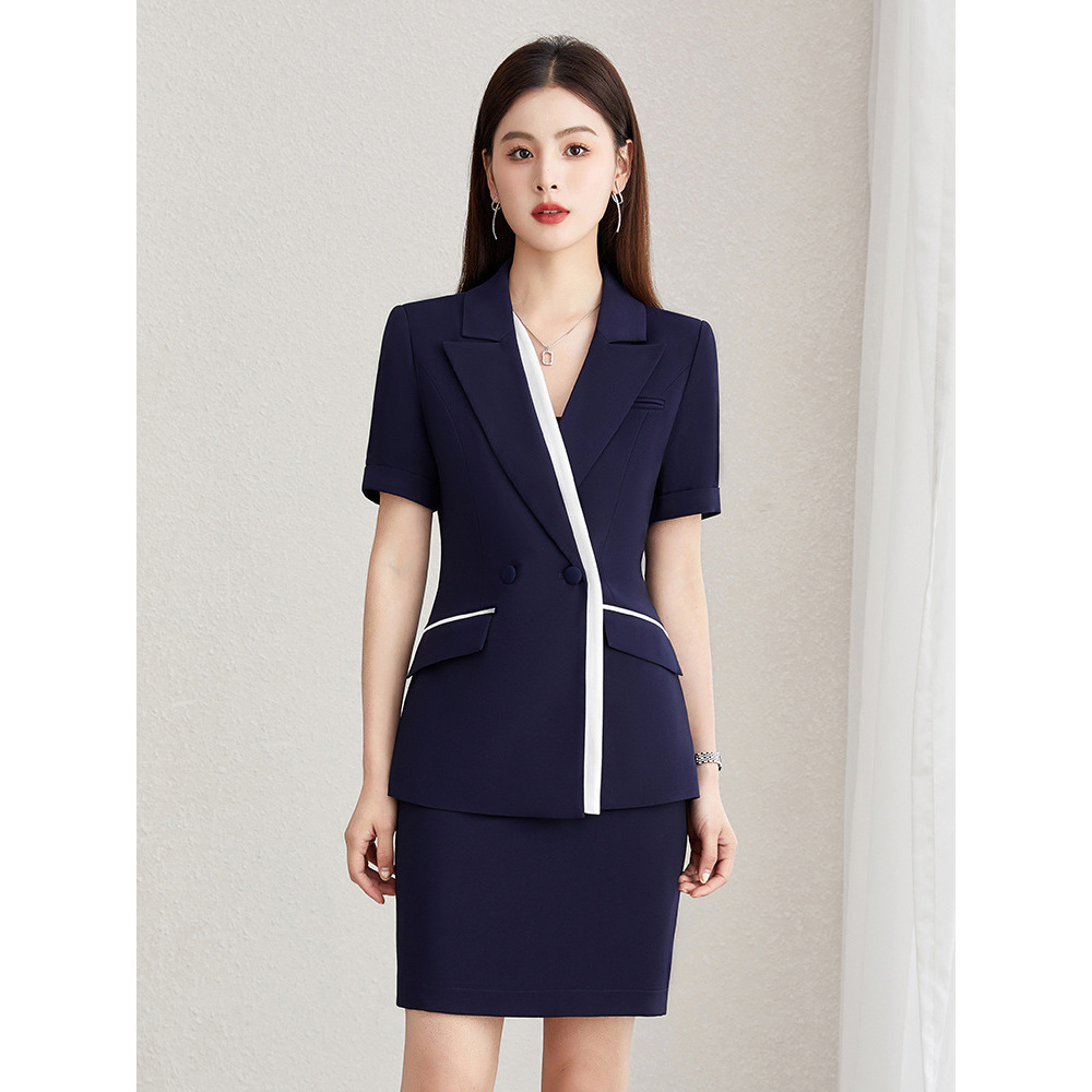 夏季新款粉色小西装职业套装女时尚藏青色女士短袖西服正装工作服