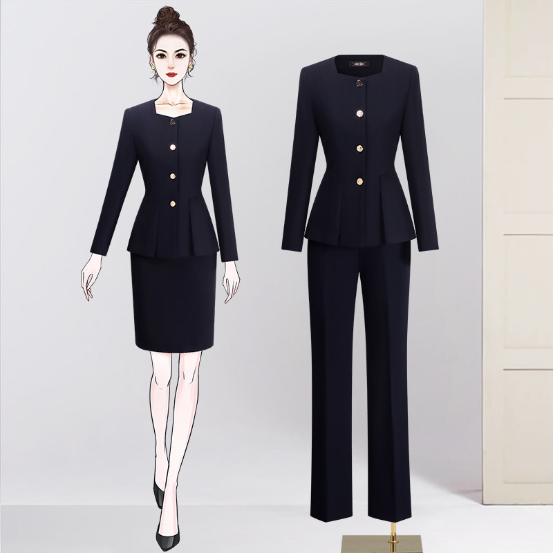 酒店前台工作服春季长袖女西装女士西服套装职业装灰色物业工作服