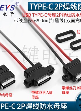 USB防水type-c焊线式母插座 2P带线 只充电母座DIY 2焊点带安装孔