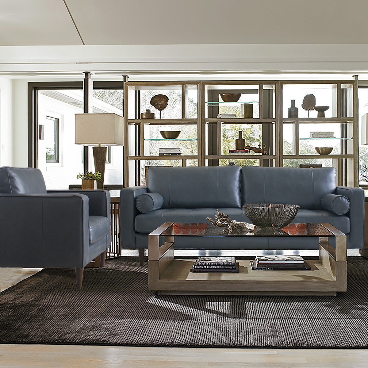北欧极简头层牛皮羽绒皮艺沙发意式轻奢客厅简约风格灰蓝色冷淡风