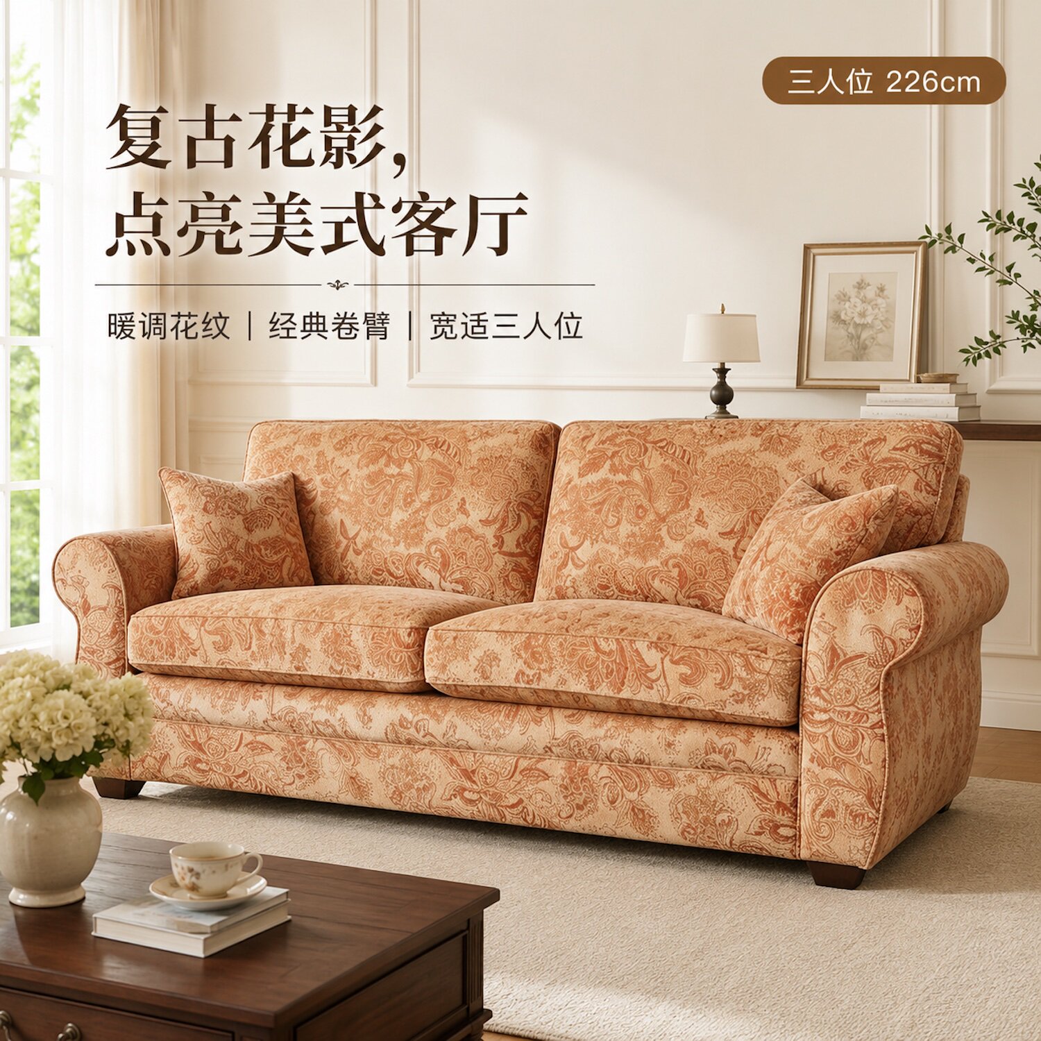 美式中古vintag雪尼尔布艺沙发婚房羽绒暖棕色暗纹理三人单人客厅