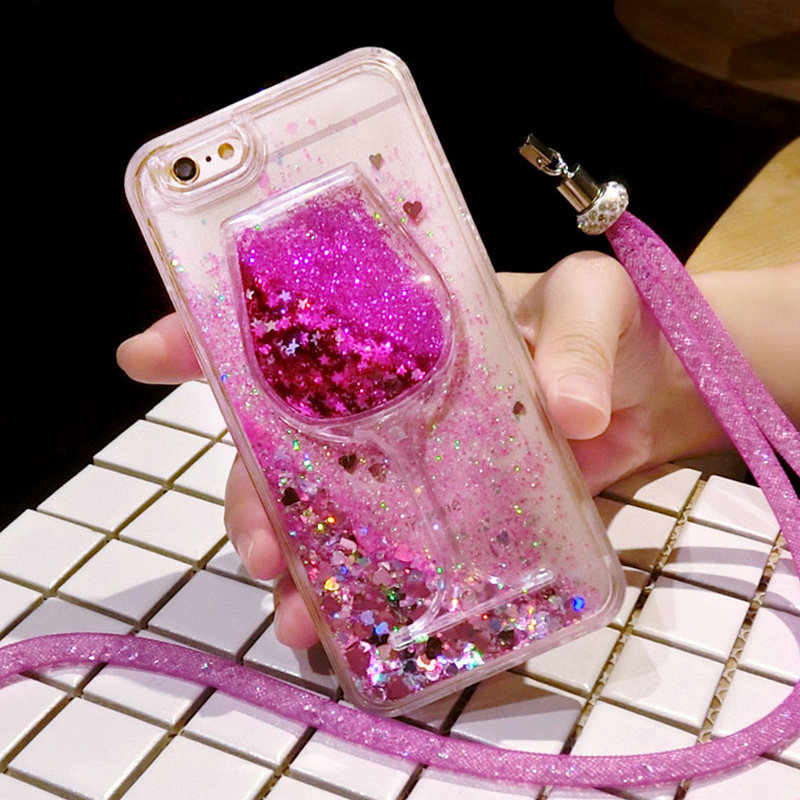 适用iphone12/13pro液体流沙流动酒杯水晶挂绳16plus防摔手机壳女