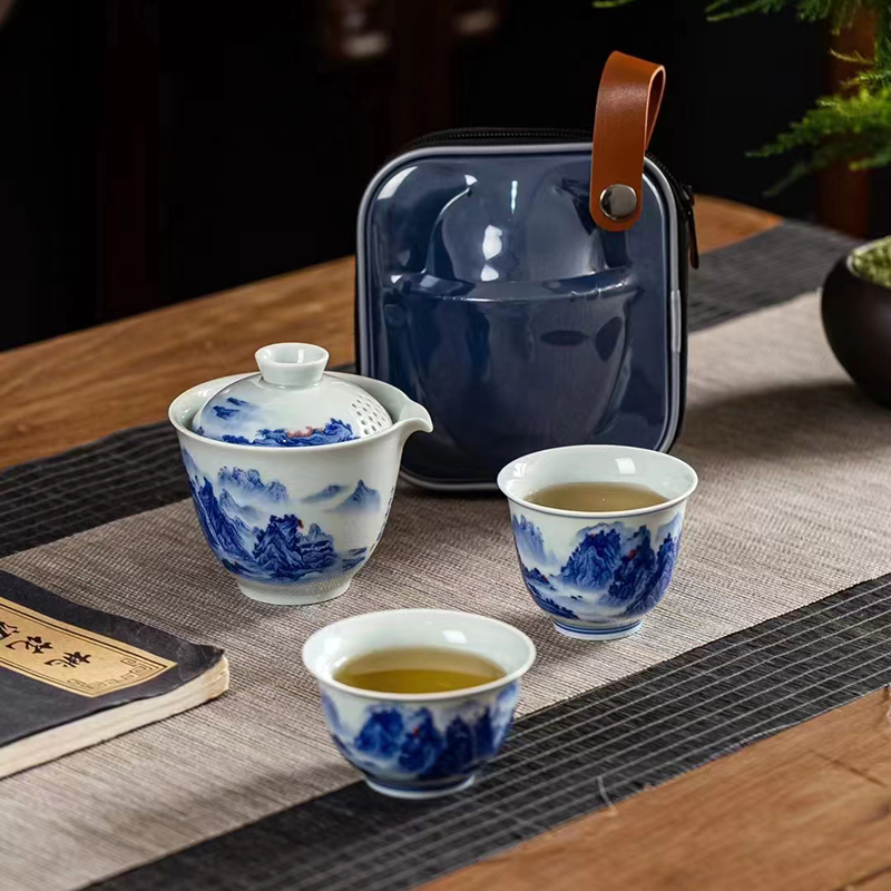 景德镇青花瓷旅行茶具套装户外一壶两杯喝茶便携式车载泡茶快客杯
