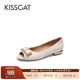 气质通勤鱼嘴鞋 平底鞋 舒适真皮法式 KISSCAT接吻猫新款 白色单鞋 女
