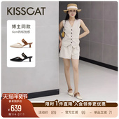女夏季 KISSCAT接吻猫舒适尖头穆勒拖松弛粗跟凉拖真皮法式 凉鞋