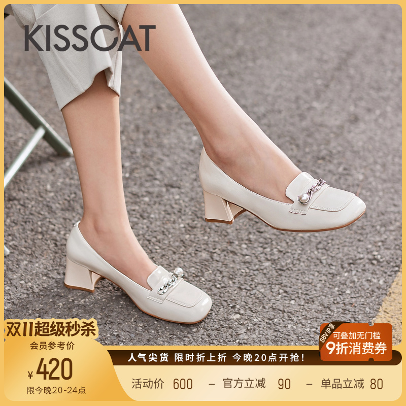 接吻猫粗跟时尚深口单鞋