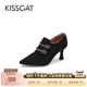 踝靴女 高跟靴绒面新中式 KISSCAT接吻猫新款 高级尖头黑色单鞋