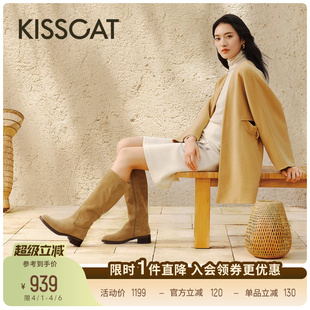 KISSCAT接吻猫 棕色长筒美拉德高靴骑士靴西部牛仔靴女 布达佩斯