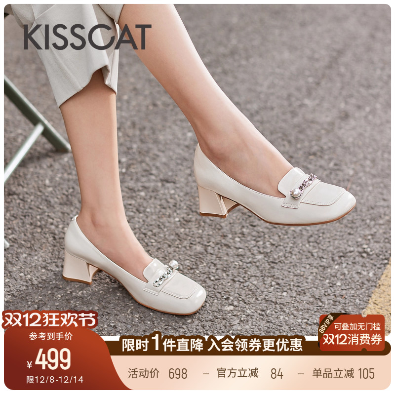 接吻猫粗跟时尚深口单鞋