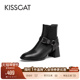 KISSCAT接吻猫新款 复古皮带扣牛仔西部靴高跟真皮黑色短筒靴女