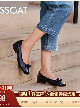 KISSCAT接吻猫新款优雅平底鞋黑色浅口单鞋蝴蝶结时尚芭蕾舞鞋