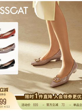 KISSCAT接吻猫[鎏金系列]黑色通勤尖头单鞋真皮粗跟法式小单鞋女