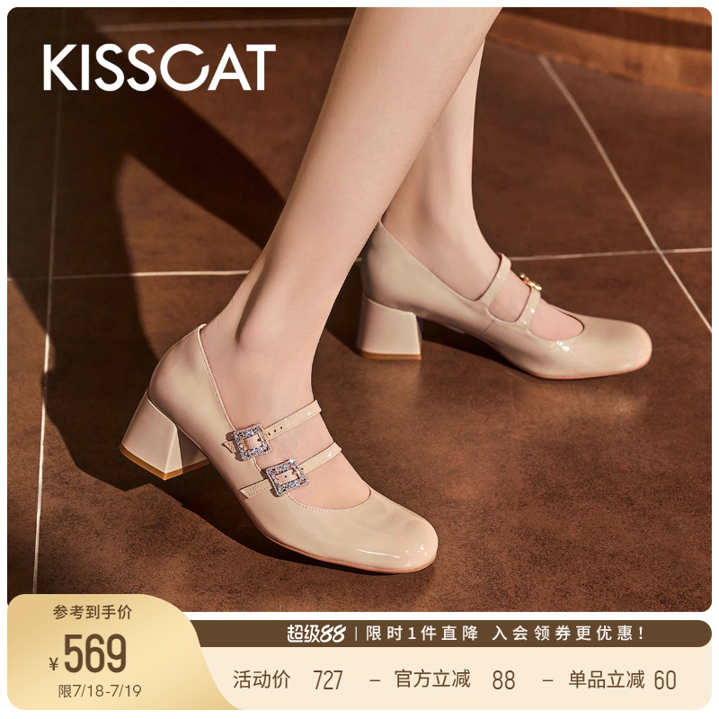 接吻猫粗跟复古玛丽珍鞋