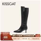 KISSCAT接吻猫 职场大女主 长靴舒适瘦瘦靴高跟靴真皮黑色长筒靴