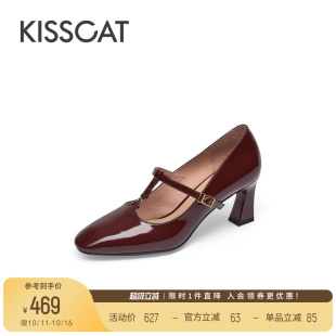 KISSCAT接吻猫玫瑰玛丽珍鞋 女 复古甜美T字带漆皮高跟玛丽珍单鞋