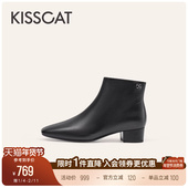 KISSCAT接吻猫简约百搭短靴真皮小方头舒适黑色时装 靴踝靴女