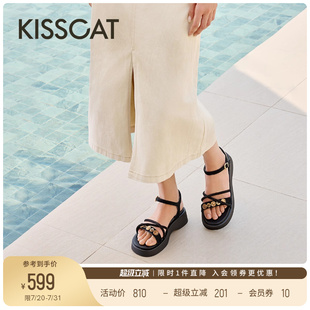 女 KISSCAT接吻猫2025夏季 新款 增高厚底凉鞋 复古金币条带休闲凉鞋