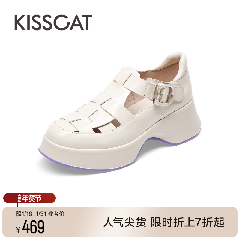接吻猫夏季新款休闲镂空撞色猪笼鞋魔术贴圆头厚底罗马凉鞋女