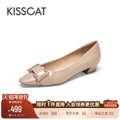 KISSCAT接吻猫 女 原创饰扣方头粗跟一脚蹬单鞋 C引力 新款