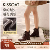KISSCAT接吻猫 黑胶唱片 马丁靴舒适真皮黑色马丁靴加绒复古短靴