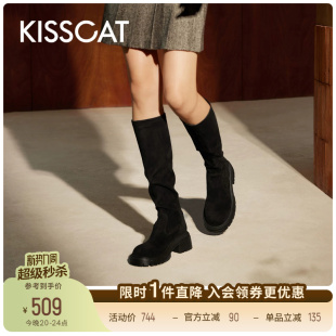 KISSCAT接吻猫新款 黑色洋气高筒靴厚底通勤高靴百搭弹力靴女