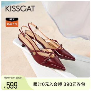 可爱恋人 24夏季 新款 女 KISSCAT接吻猫 尖头条带空鞋 真皮包头凉鞋