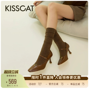 高跟鞋 KISSCAT接吻猫 翎羽系列 舒适法式 女 复古设计玛丽珍单鞋