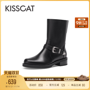 KISSCAT接吻猫新款 增高复古中筒靴骑士真皮机车靴牛仔西部靴女