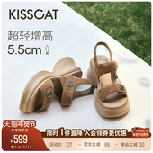 厚底增高魔术贴运动凉鞋 KISSCAT接吻猫 5.5cm钱币长腿运动凉鞋 女