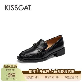 通勤黑色一脚蹬乐福鞋 女 增高乐福软皮小皮鞋 KISSCAT接吻猫新款