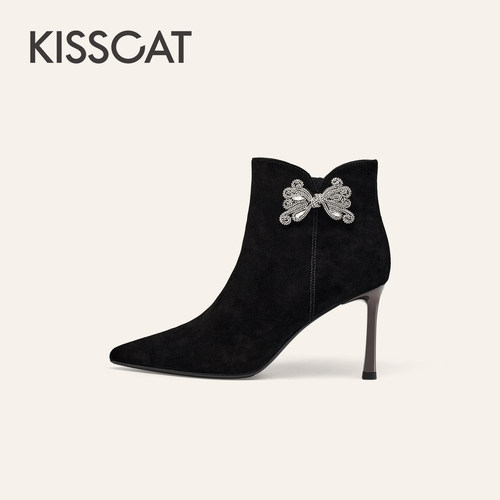 KISSCAT接吻猫[小蝶仙]高跟靴尖头细高跟时装靴舒适气质短靴女