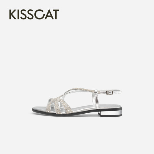 KISSCAT接吻猫钻饰老钱凉鞋26新度假仙女风时装罗马凉鞋外穿平底