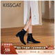 KISSCAT接吻猫新款 真皮短靴尖头粗跟法式 瘦瘦靴通勤黑色靴子女